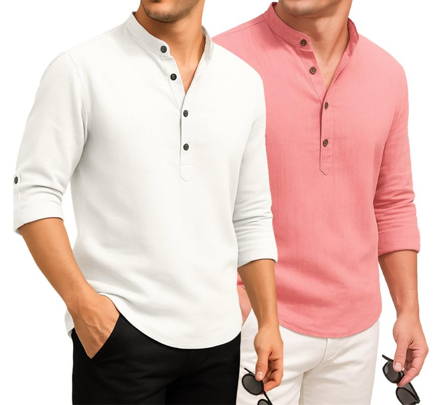 Deelmo Combo Of MenS Cotton Blend Solid Regular Fit Full Sleeve Short Kurta | MenS Trendy Short Kurta Pack Of 2 White - Peach