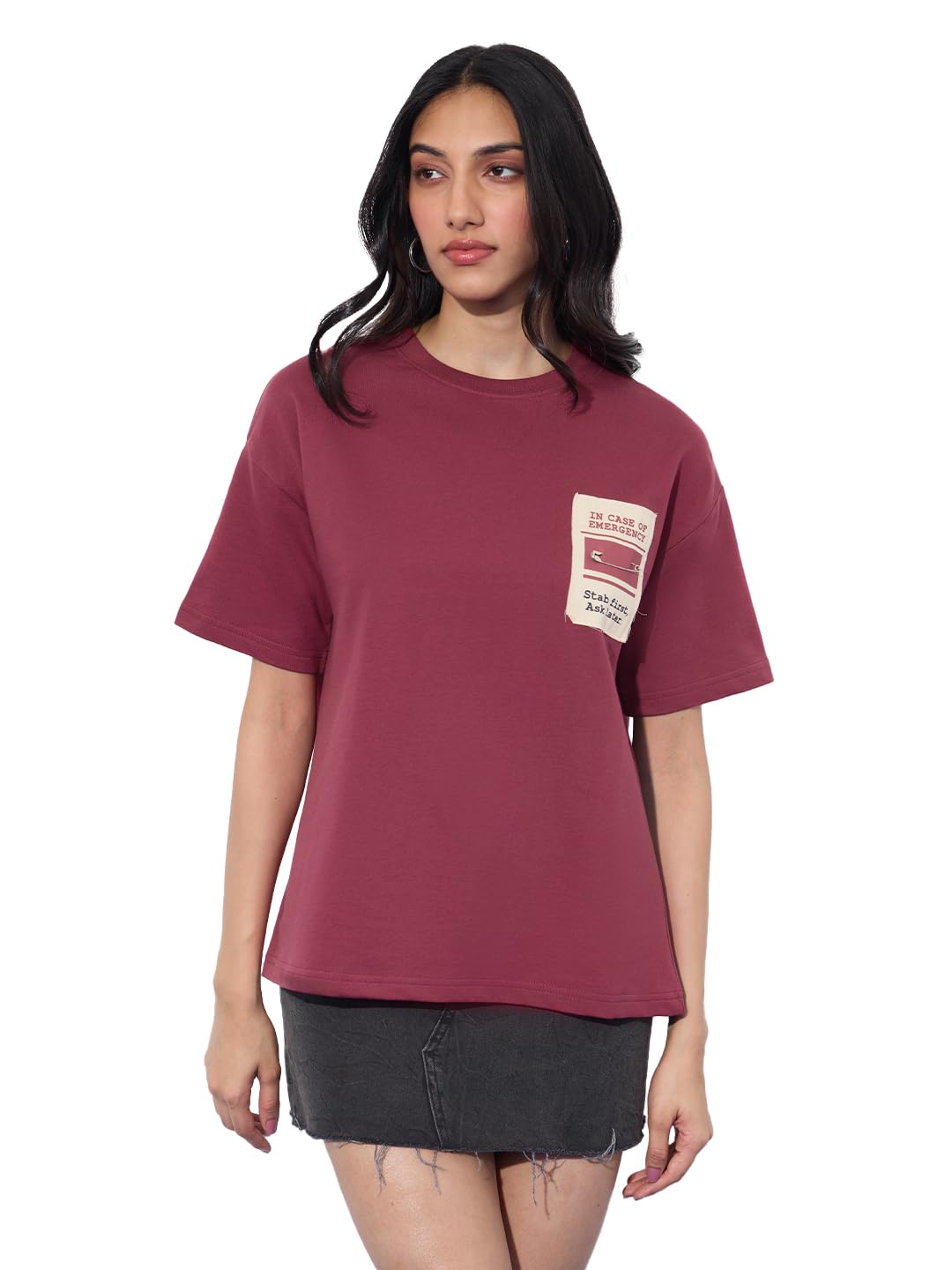 The Souled Store Oversized T-Shirt: Emergency Women and Girls Short Sleeves Round Neck Red Embellished Cotton Oversized T-Shirts
