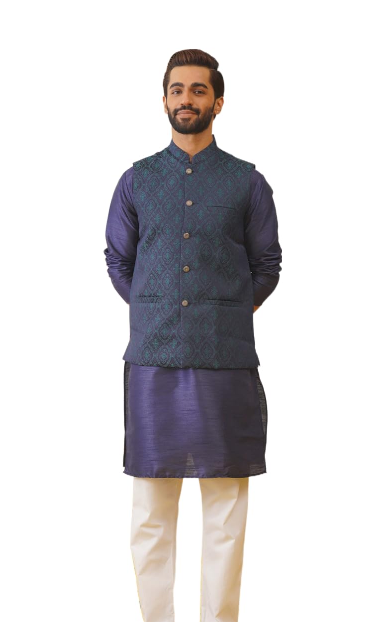 Jompers Mens Woven Design Nehru Jacket With Printed Kurta Pyjama Set