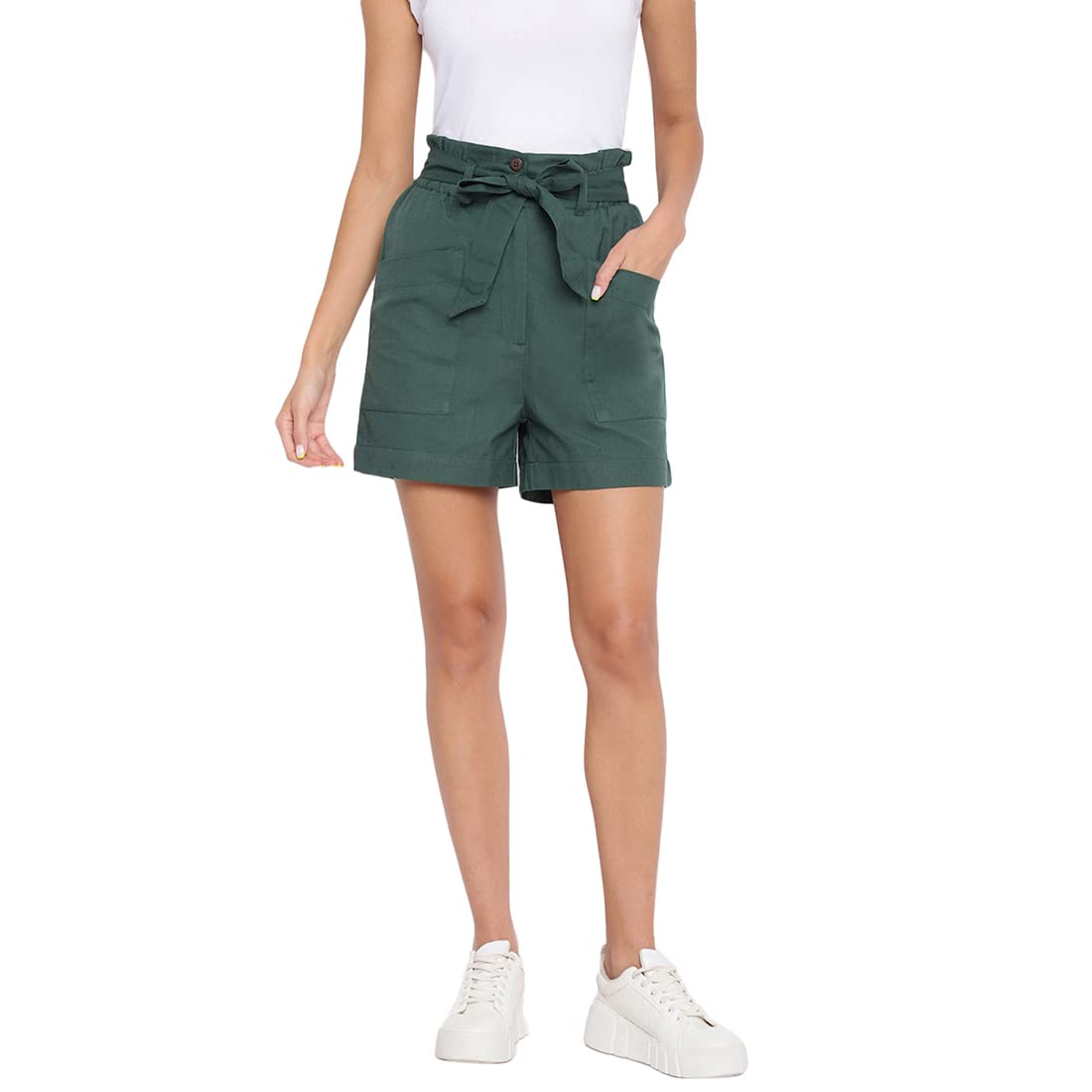 Fabindia Women Cotton Linen Thigh Length Shorts Green_S