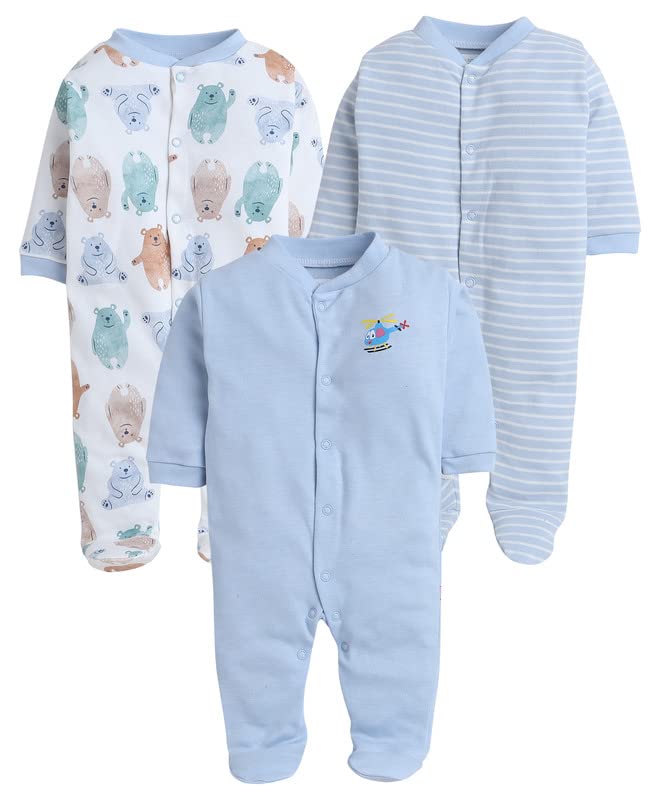 Bumzee Blue & White Baby Boys Full Sleeves Sleepsuit Pack Of 3 (Peb325B-Blu.Wht)
