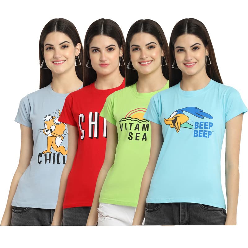 Preneum Womens Cotton Regular Fit Latest Graphic Stylish Printed Short Sleeves Casual T-Shirt || Latest Trendy & Style (Pack 4)