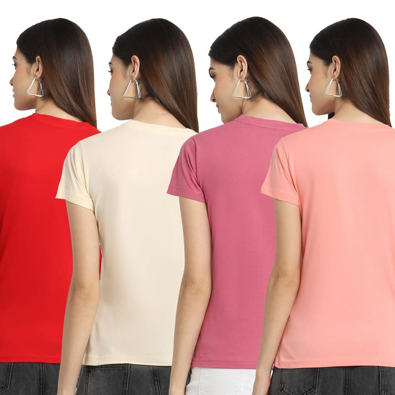Preneum Womens Cotton Regular Fit Latest Graphic Stylish Printed Short Sleeves Casual T-Shirt || Trendy & Style (Pack 4), Red &