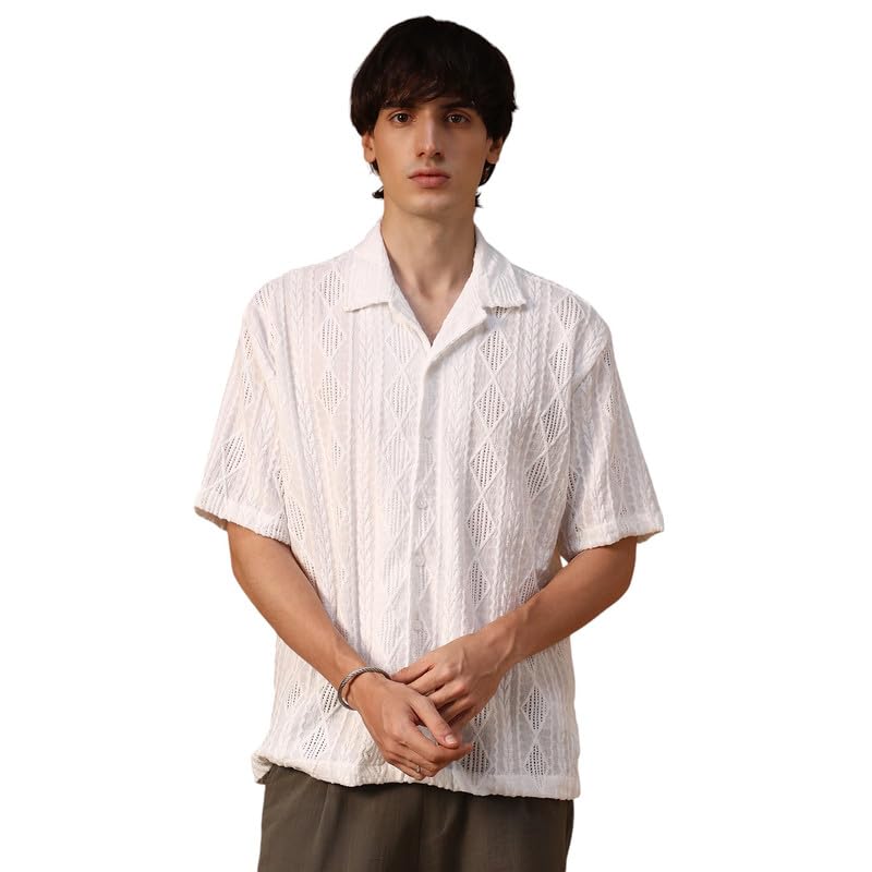 Campus Sutra Mens Daisy White Argyle-Textured Oversized Shirt for Casual Wear | Cuban Collar | Short Sleeve | Button Closure |