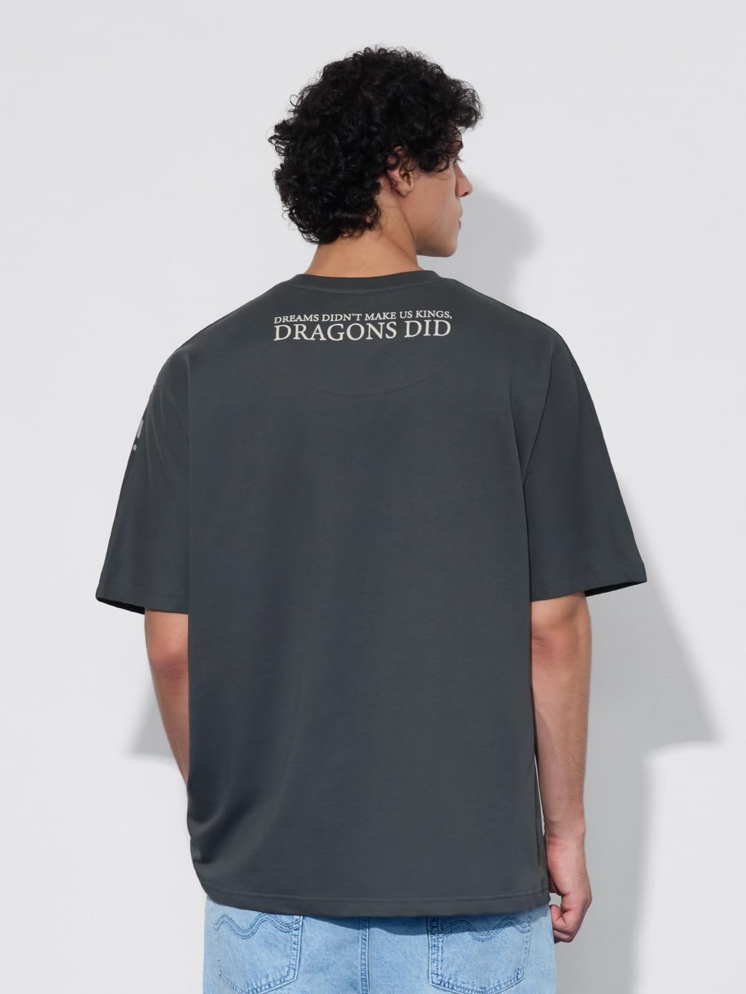 The Souled Store House of The Dragon: Fire & Blood Men and Boys Short Sleeves Round Neck Grey Graphic Printed Cotton Oversized T