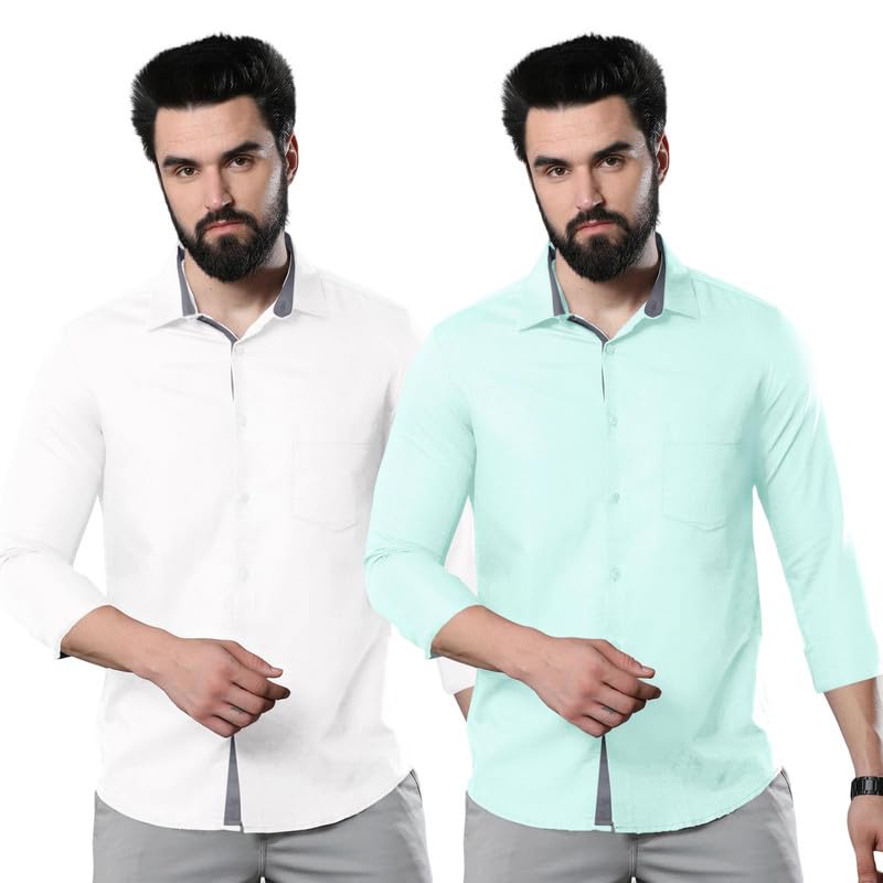 Pinkmint Combo of Men Casual Cotton Blend Full Sleeves Formal Regular Slim Fit Plain Office Shirts White-Aqua Blue