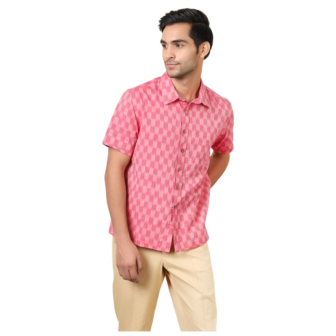 Fabindia Men Ikat Bushshirt Cotton_Xs Pink
