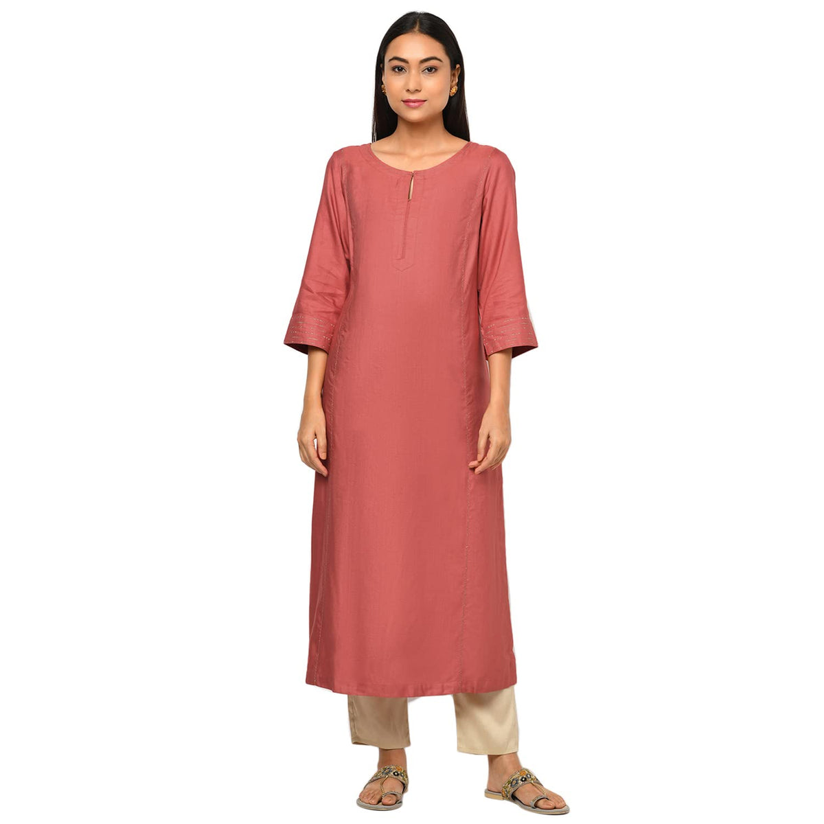 Fabindia WomenS Viscose Silk Solids Regular Kurta_Coral_Xs