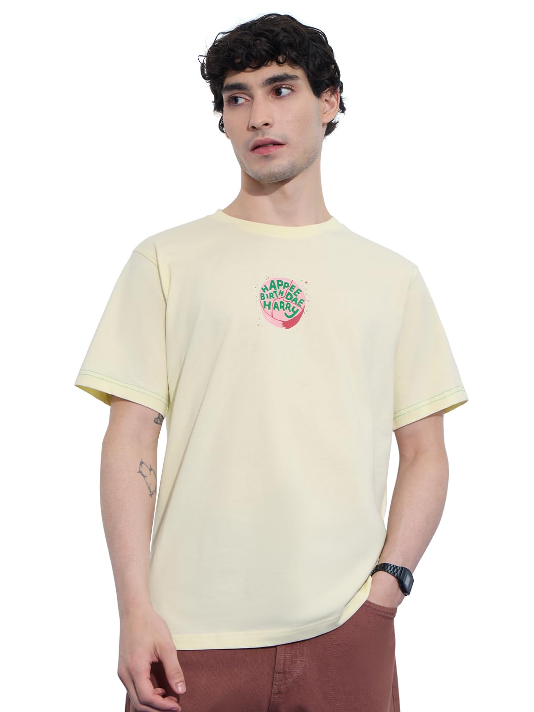 The Souled Store Harry Potter: Birthday Cake Men and Boys Short Sleeves Round Neck Off White Graphic Printed Cotton Relaxed Fit