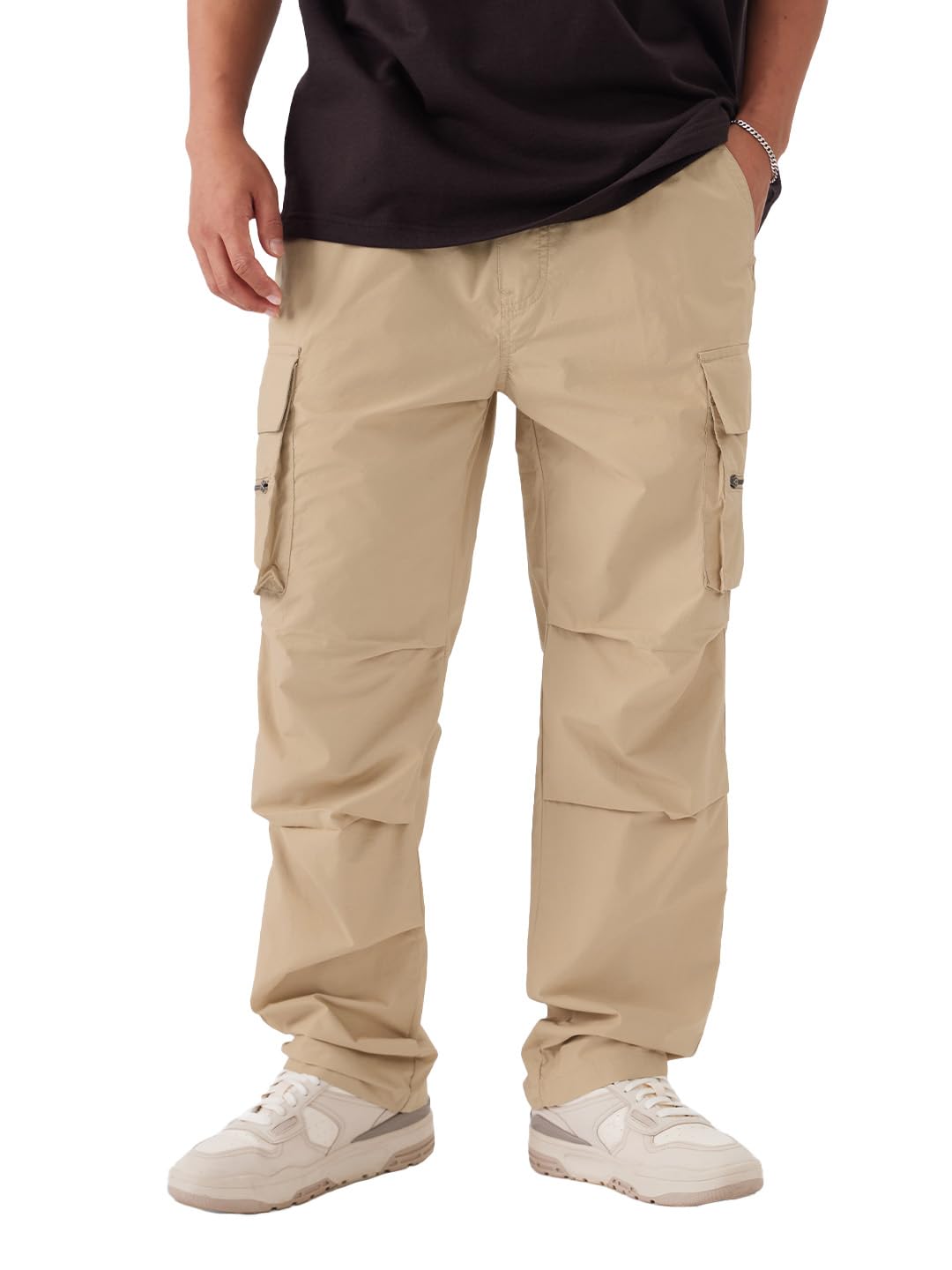 The Souled Store Solids: Creamy Beige Men and Boys Straight Fit Cotton Parachute Pants