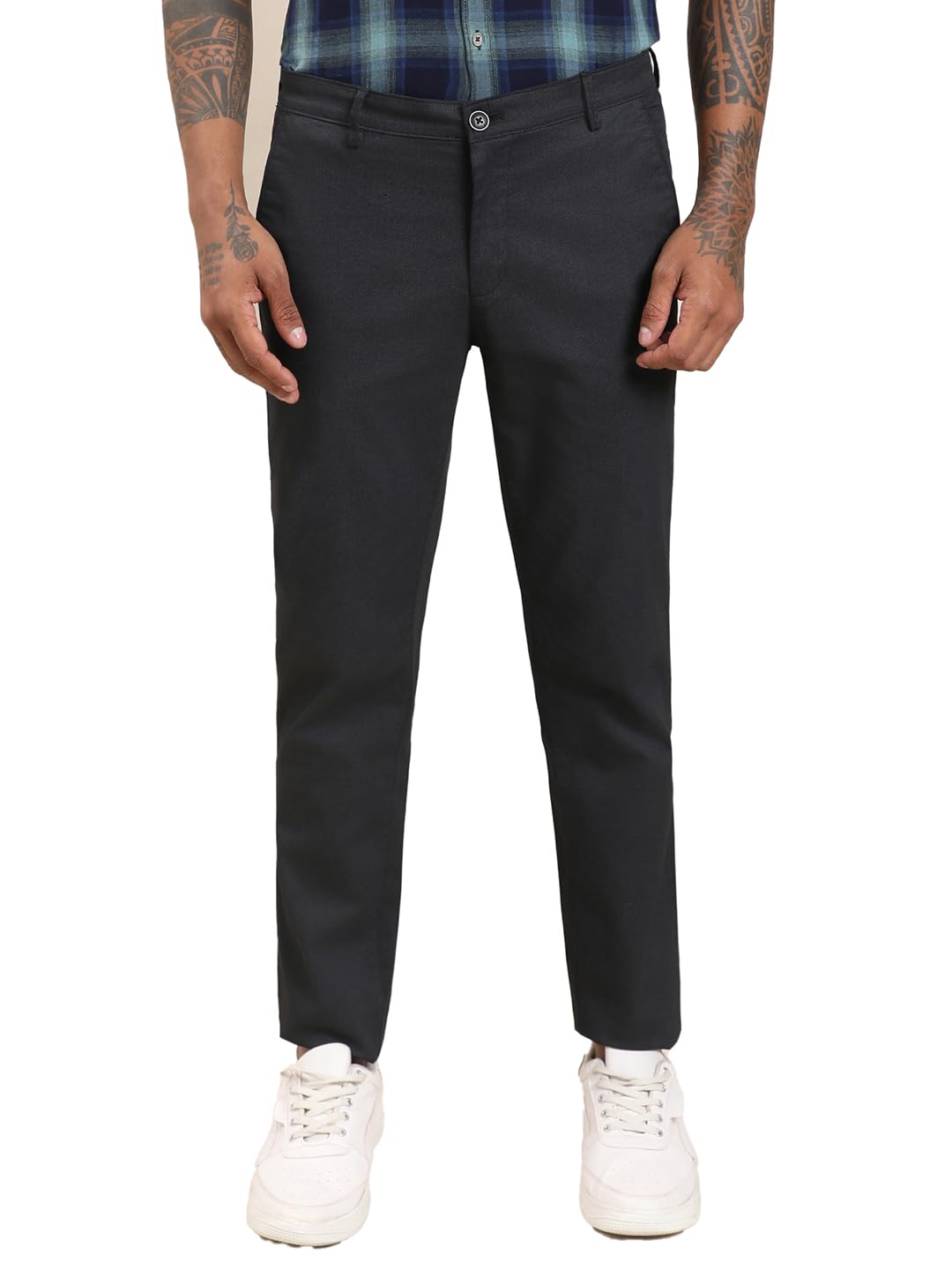 Turtle Men Cotton Stretch Ultra Slim Fit Black Flat Front Printed Casual Trouser