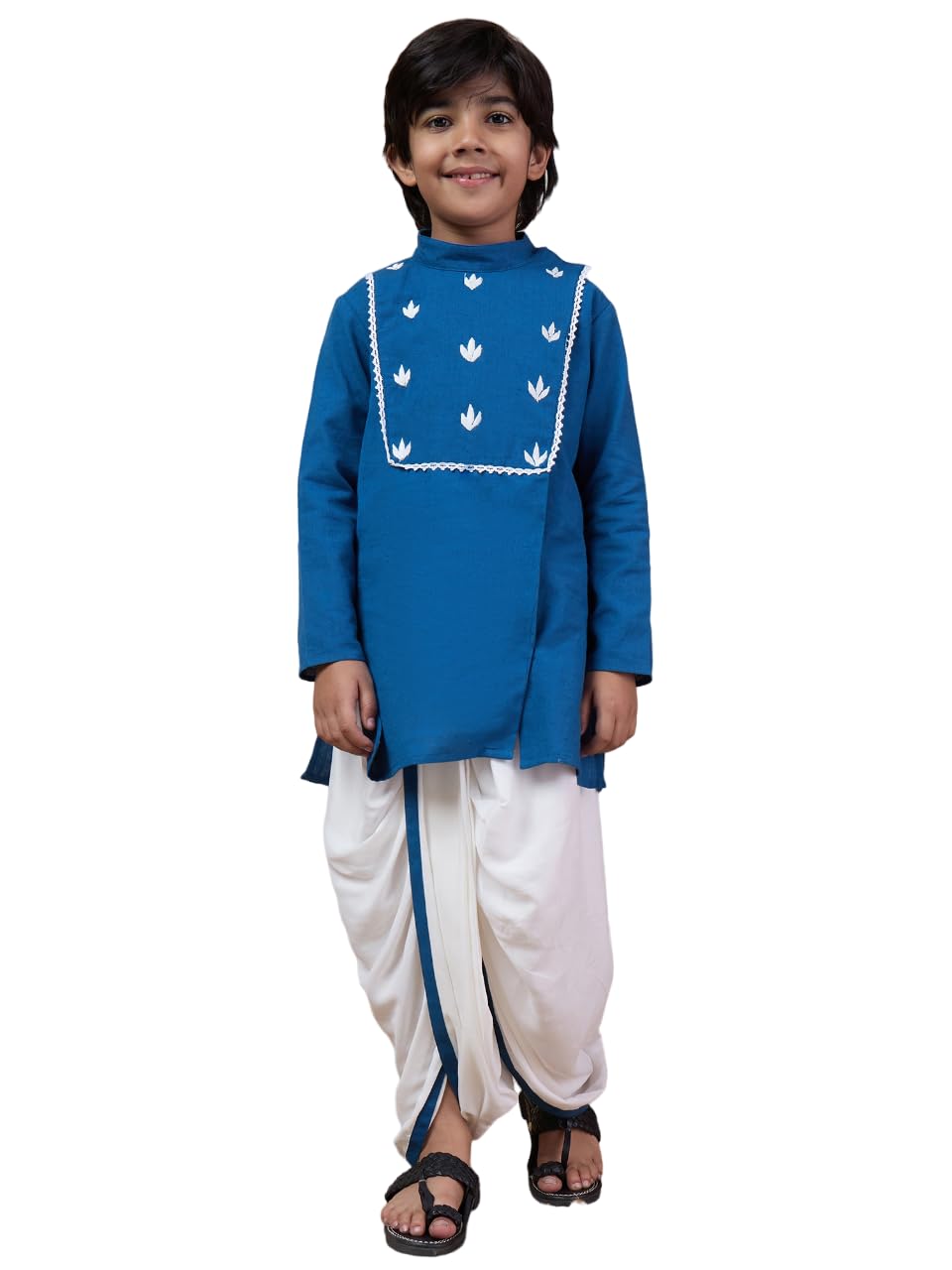 Pspeaches Boys Mandarin Collar Floral Yoke Design Regular Thread Work Kurta With Dhoti Pants (10-12Years)
