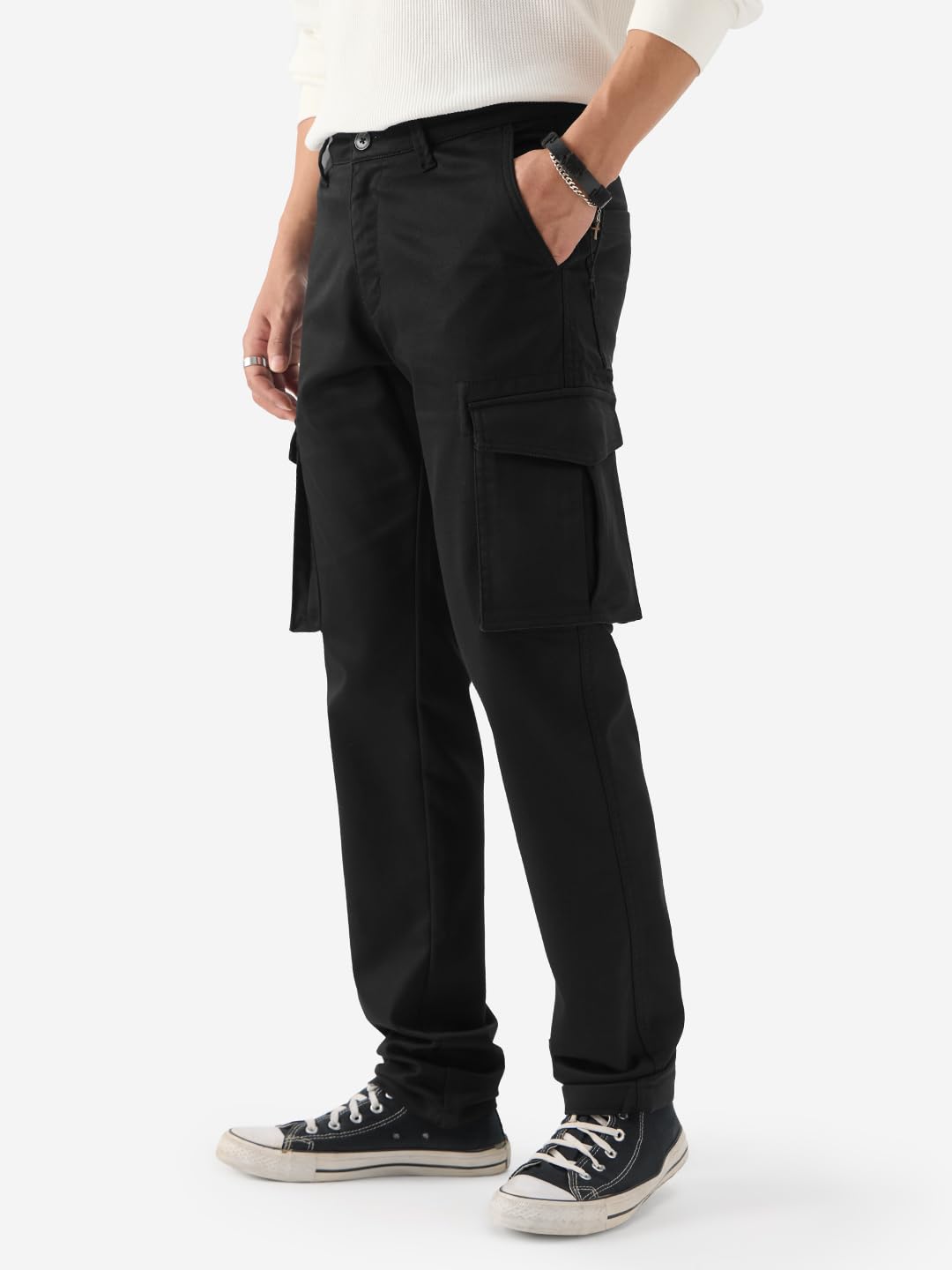 The Souled Store Classic Black Men and Boys Solid Regular Fit Cargo Pants Mens Cargo Pants Trousers for Men Multi-Pocket Work O