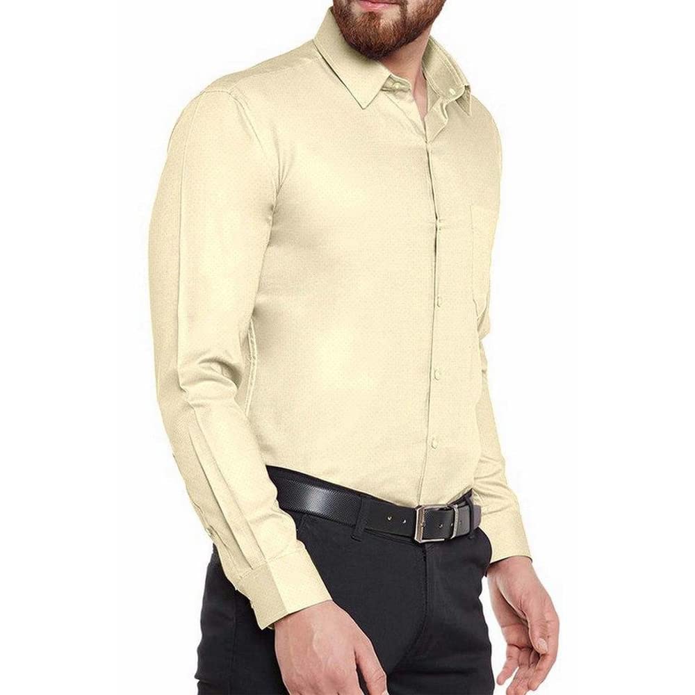 Turtle Men Cotton Blended Light Yellow Self Design Regular Fit Shirts