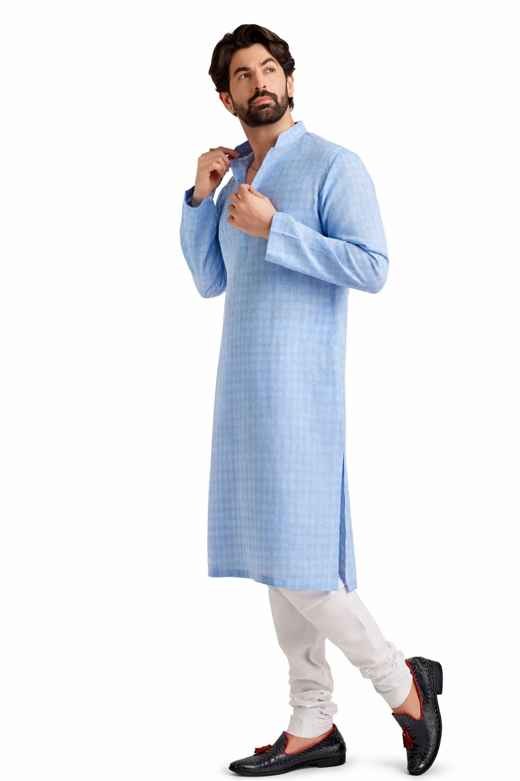 SOJANYA (Since 1958 Men's Cotton Blend Blue checked kurta and White Churidar Pyjama Set