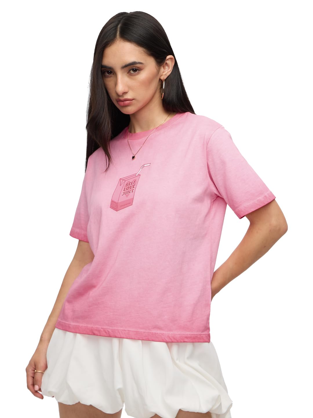 The Souled Store Love Juice: 100% Cotton Women & Girls Short Sleeve Round Neck Pink Grpahic Printed Acid Washed Relaxed Fit T-Sh