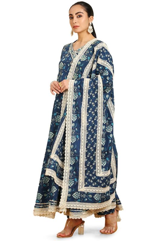 Soch Womens Blue Botanical Print Angrakha Cotton Suit Set