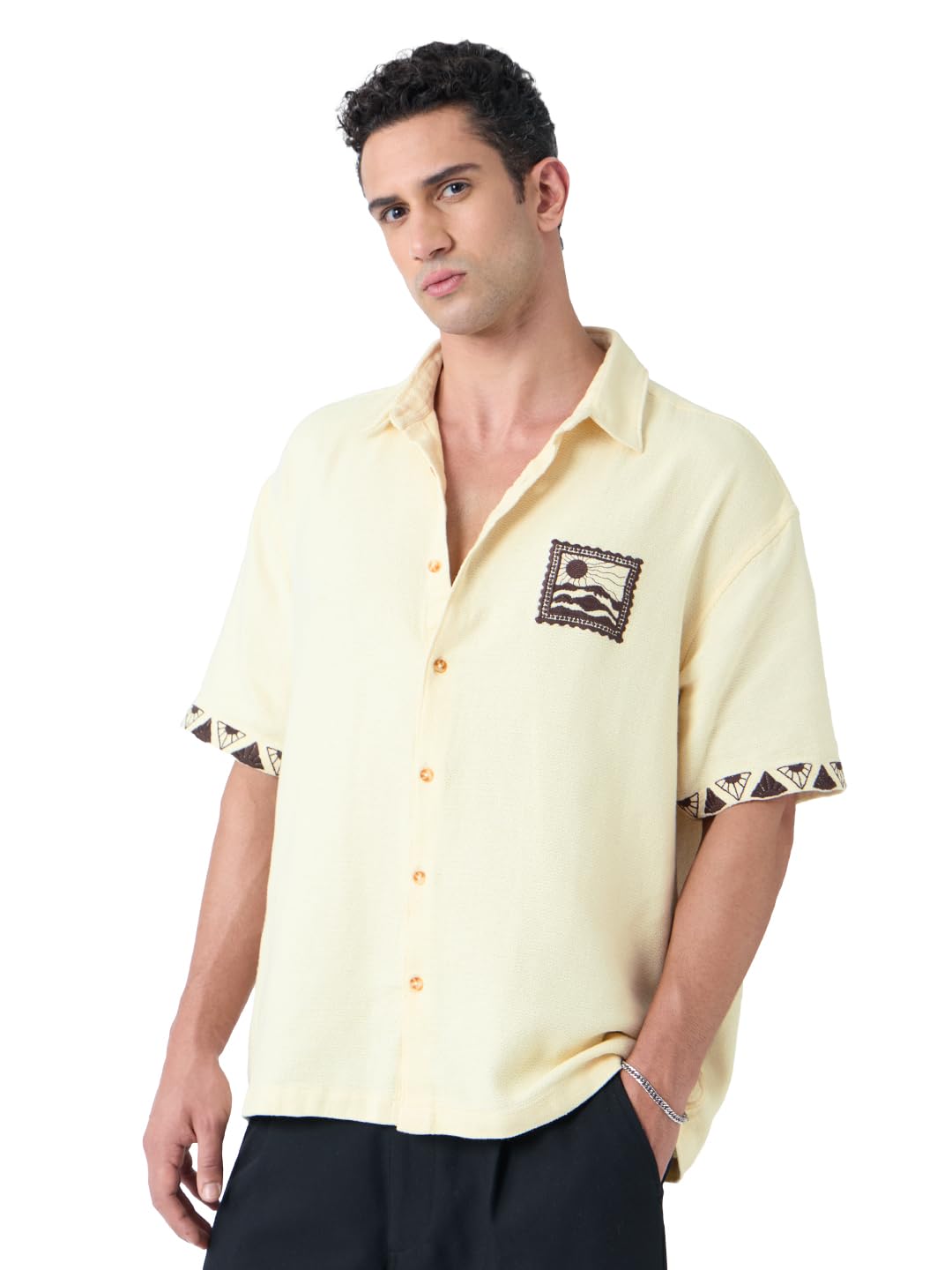 The Souled Store Oversized Shirt: Scenic Men and Boys Short Sleeves Collared Neck Button Front Off White Embroidered Cotton Over