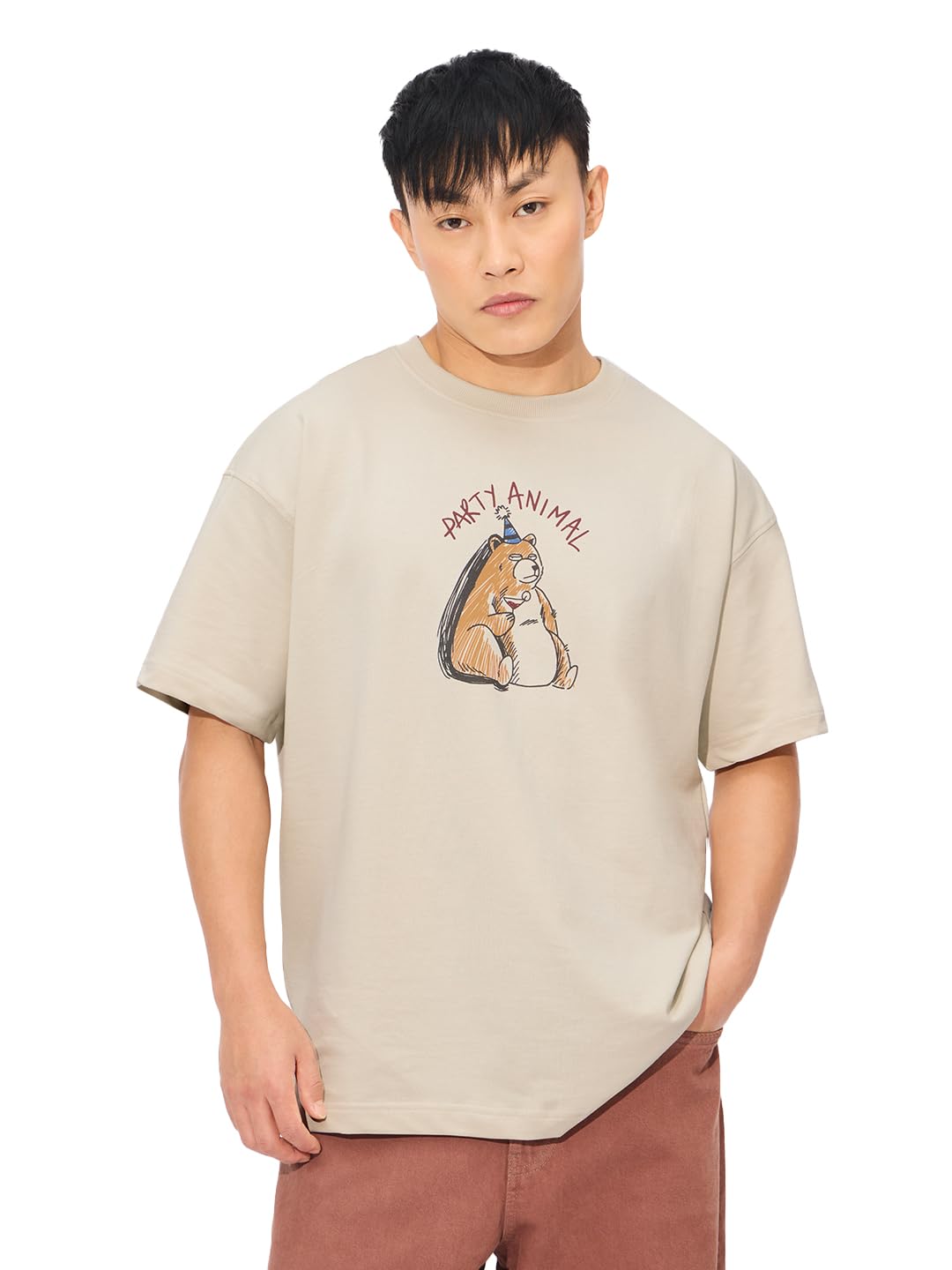 The Souled Store Party Animal Men and Boys Short Sleeves Round Neck Brown Graphic Printed Cotton Oversized T-Shirts