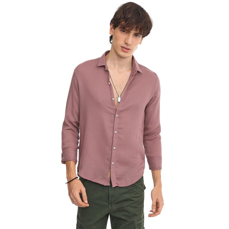 Campus Sutra Mens Nude Pink Woven-Textured Shirt for Casual Wear | Spread Collar | Long Sleeve | Button Closure | Shirt Crafted