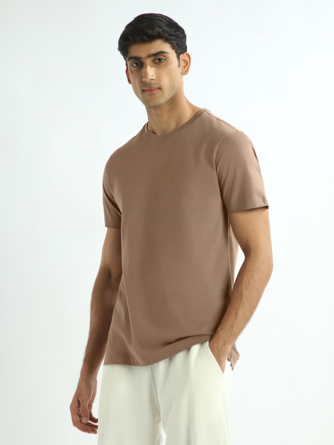 Nobero MenS Solid Regular Fit T-Shirt (1M-Twts-R0007_Taupe Gray