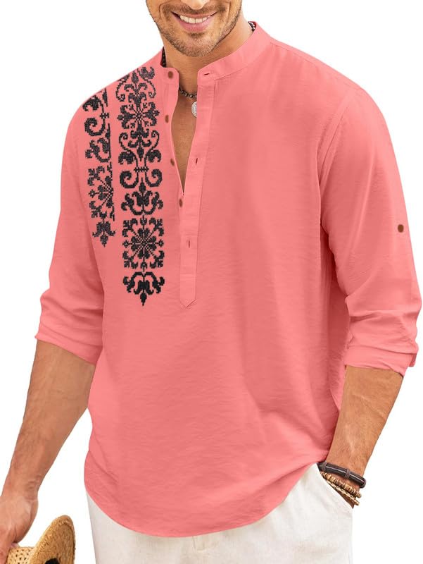 ROYALSCOUT Mens Regular Fit Stylish Embroidered Design Cotton Blend Full Sleeve Short Straight Kurta Shirt Peach