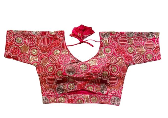 Pujia Mills Womens Blouse Readymade Blouse Embroidery Multi Coding Gold Thread Blouses Handwork Pink Color Readymade Saree Blou