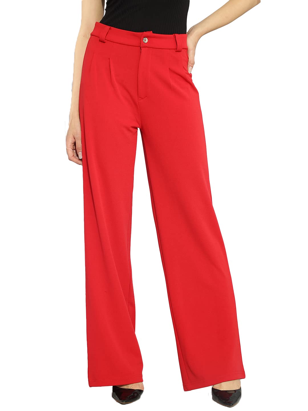 Kotty Womens High Rise Viscose Rayon Straight Fit Solid Trousers Candy Red