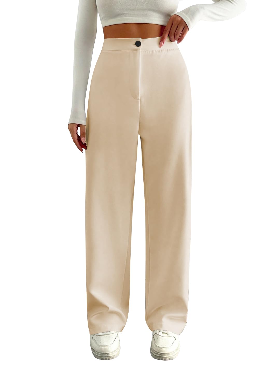 Toochki High Waist Trousers for Women Korean Style Formal Pants | Elegant Workwear for Office, College & Events Beige