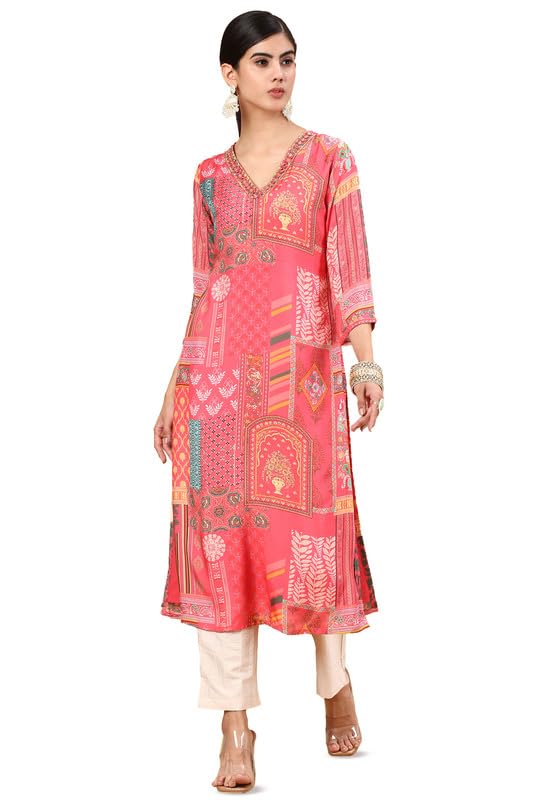 Soch Womens Pink Ethnic Motifs Printed Muslin Straight Kurta with Beads