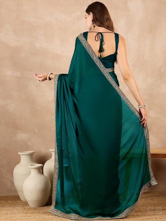 Cb-Colebrook Women'S Soft Satin Saree With Embroidered Sequin Border With Blouse Piece, Traditional Indian Ethnic Wear, Party, W