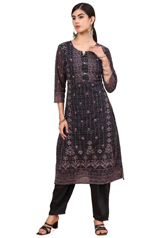 Soch Womens Black Print With Embroidery Georgette Kurta Set With Sequins