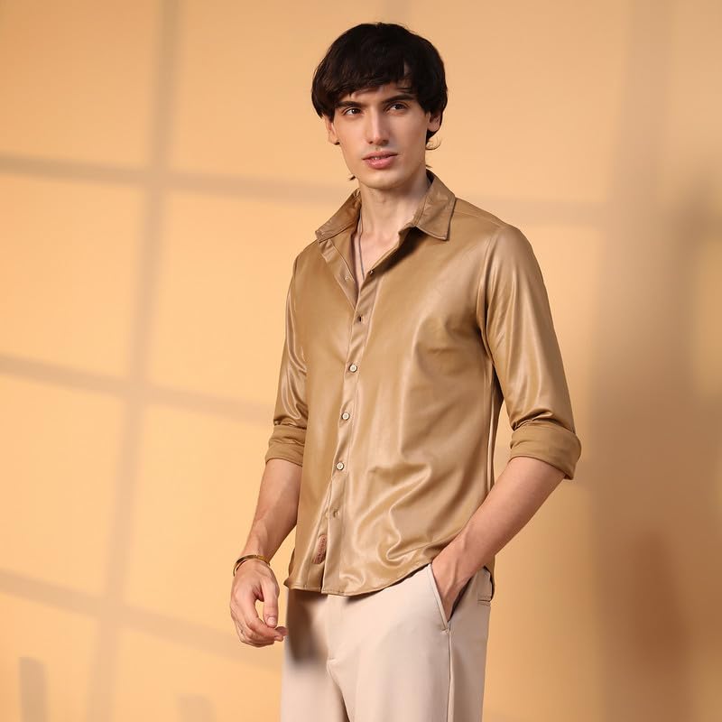 Campus Sutra Mens Camel Brown Solid Suede Shirt for Casual Wear | Spread Collar | Long Sleeve | Button Closure | Shirt Crafted