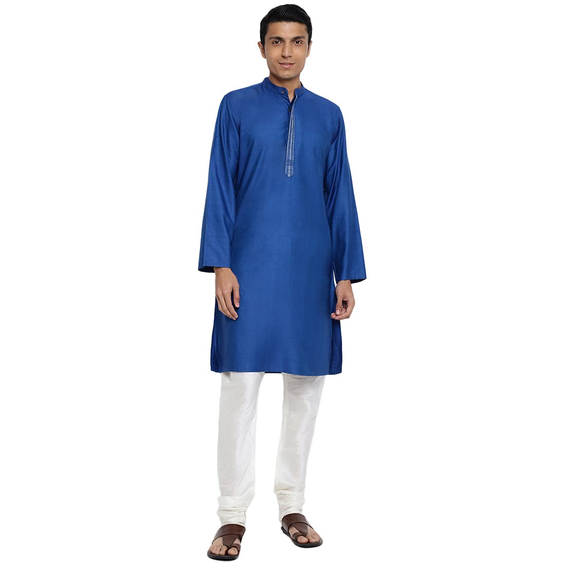 Fabindia Men Viscose Silk Long Kurta Slim Fit Blue_M
