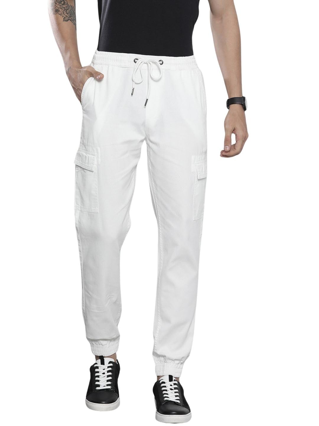 The Indian Garage Co Men Slim Fit Solid Mid-Rise Cuffed Cargos White