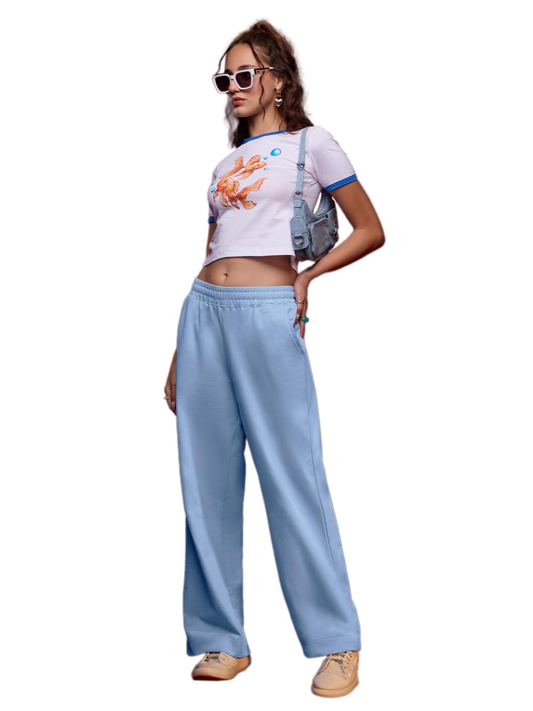 The Souled Store Flared Joggers: Powder Blue Women and Girls Pull On Solid Cotton Flared Joggers