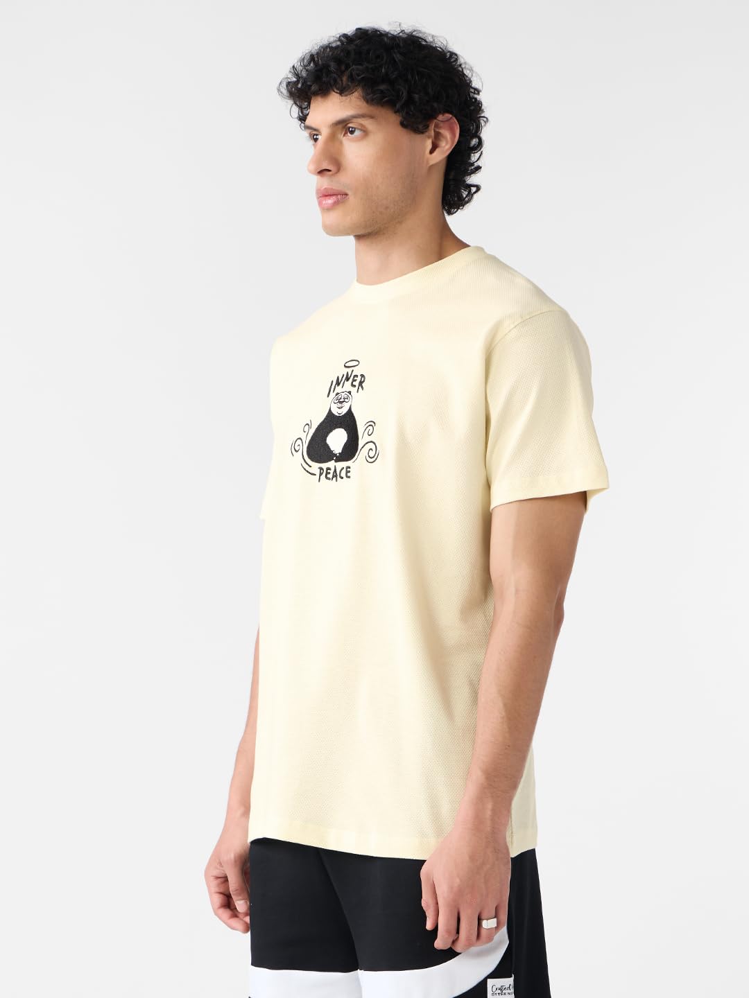 The Souled Store Textured T-Shirt: Kung Fu Panda Peace Men and Boys Short Sleeves Round Neck Off White Embroidered Regular Fit C