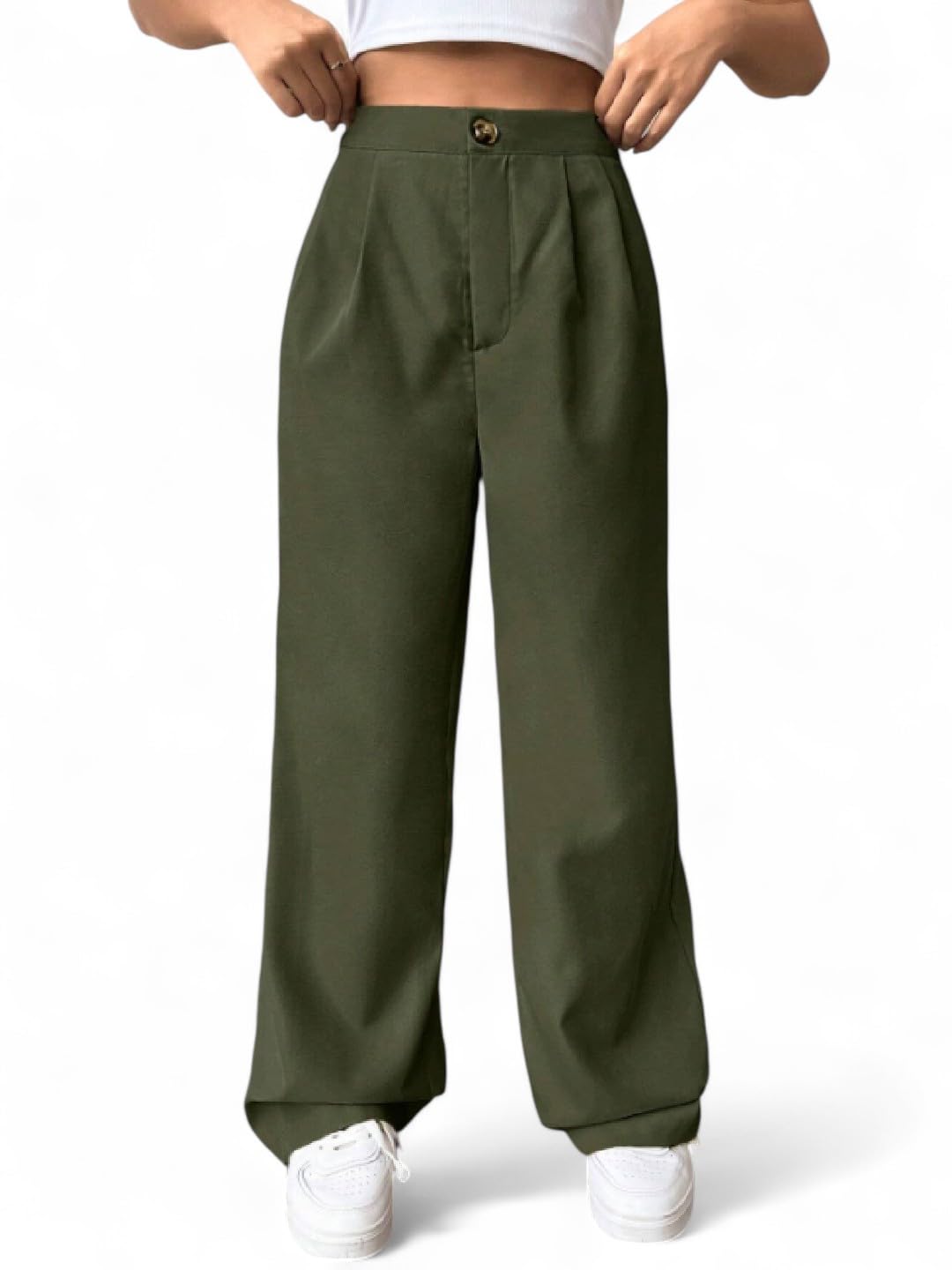 OOMPH! Womens High-Waisted Pant | Wide Leg Trousers | Korean Style Stretchable Trouser Pear Green