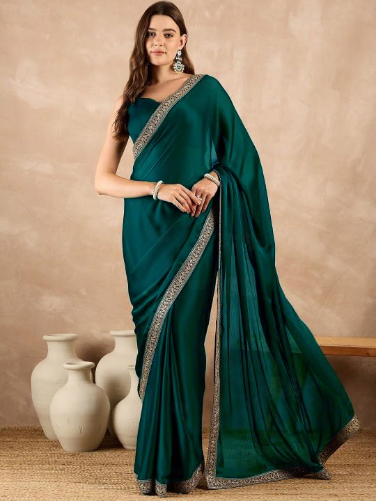 Cb-Colebrook Women'S Soft Satin Saree With Embroidered Sequin Border With Blouse Piece, Traditional Indian Ethnic Wear, Party, W