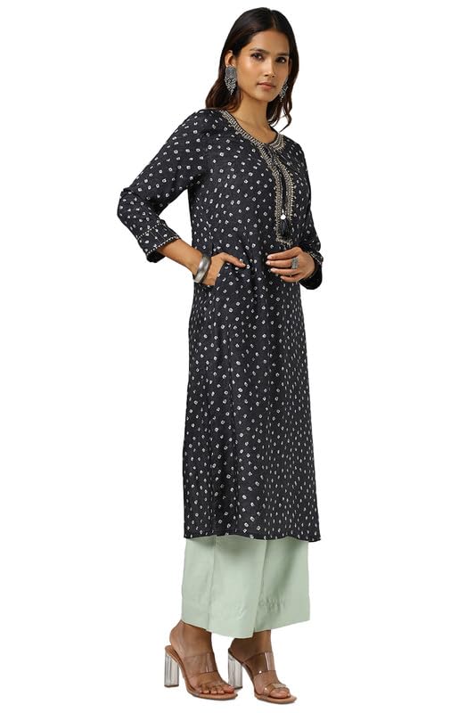 Soch Womens Black Viscose Muslin Bandhani Print Kurta with Beads and Stones