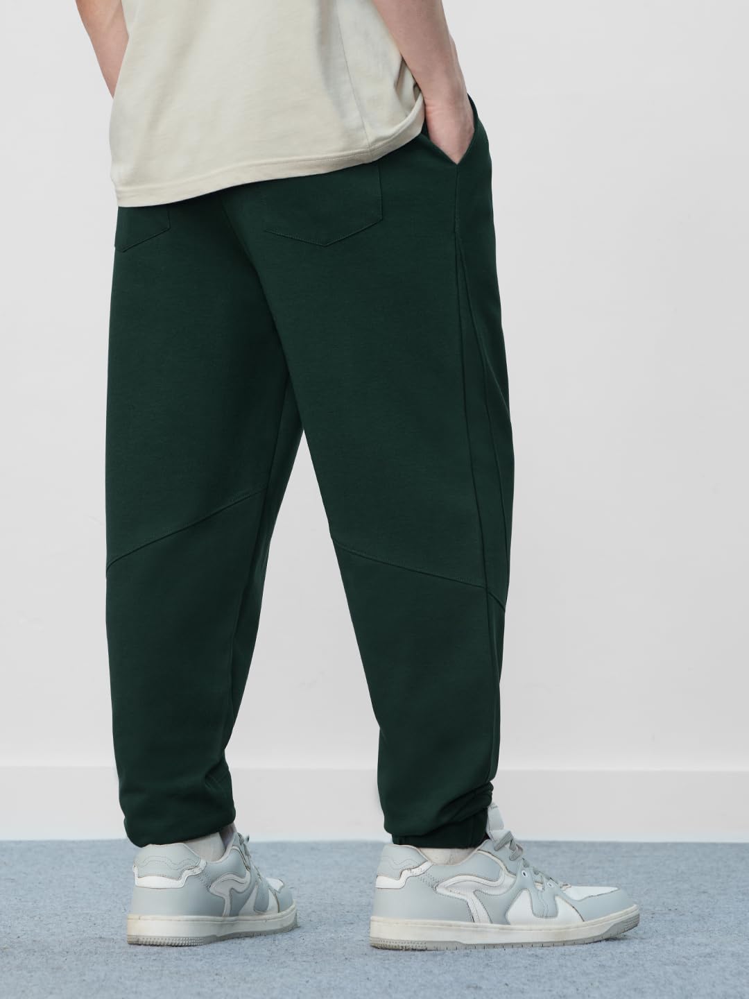 The Souled Store Solids: Dark Green Mens and Boys Drawstringed Baggy Fit Cotton Blend Oversized Joggers