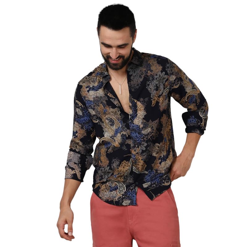 Campus Sutra Mens Royal Blue & Midnight Black Paisley Flora Shirt for Casual Wear | Spread Collar | Long Sleeve | Button Closur