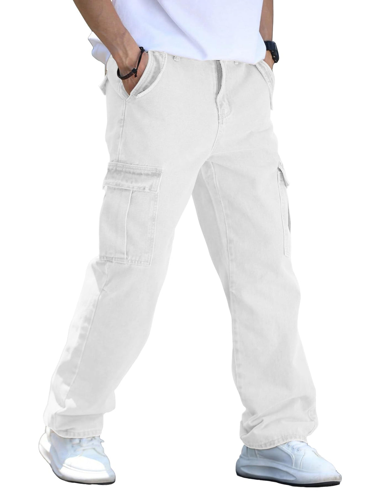 AVANOVA Mens White Cargo Jeans Slim Fit | Stylish Stretch Denim Trousers with Multi Pockets | Casual Wear Pants for Men | Comfor
