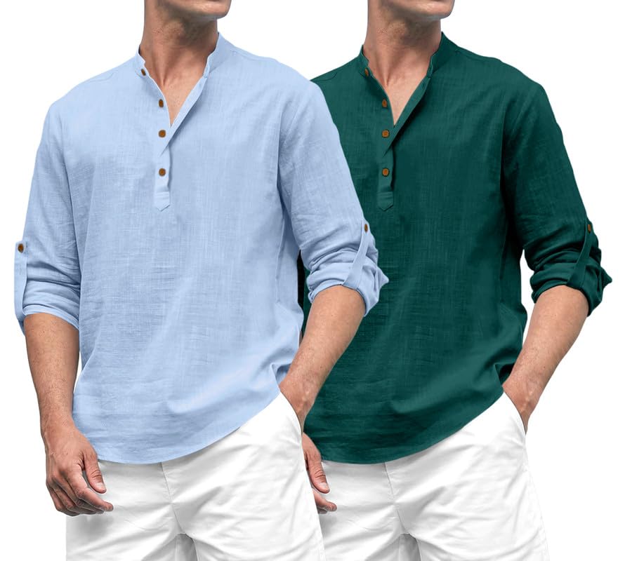Macsivo Combo Of MenS Cotton Polyester Blend Solid Regular Fit Full Sleeve Short Kurta Pack Of 2 Sky-Green