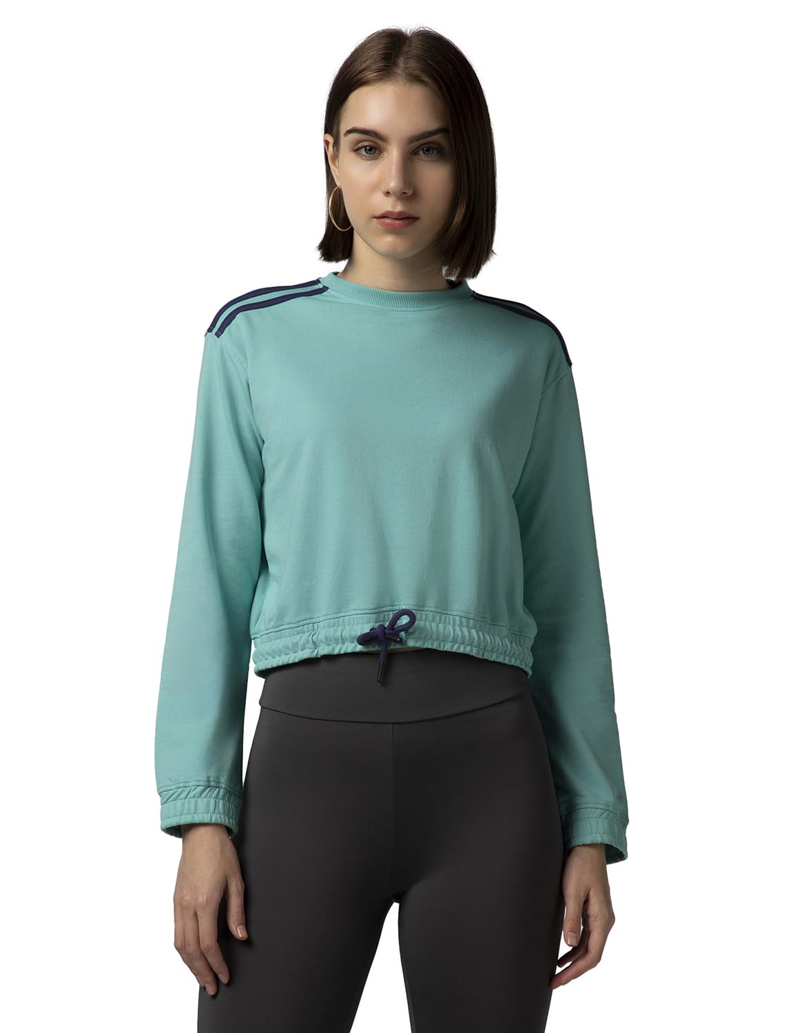 FYLTR Womens Round Neck Drop Shoulder Sweatshirt - Full Sleeve | Elasticated Waist & Cuff | Boxy Fit | Stripe Detailing Tropica