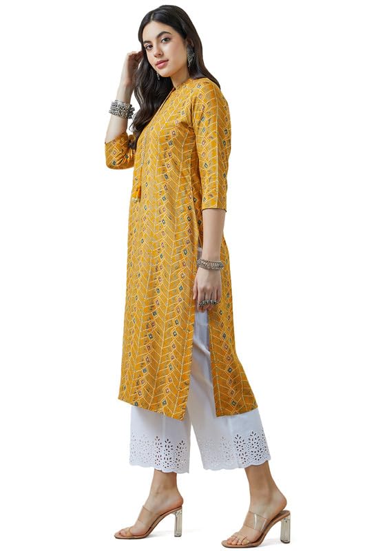 Soch Womens Mustard Mandarin Collar Rayon Abstract Print Kurta