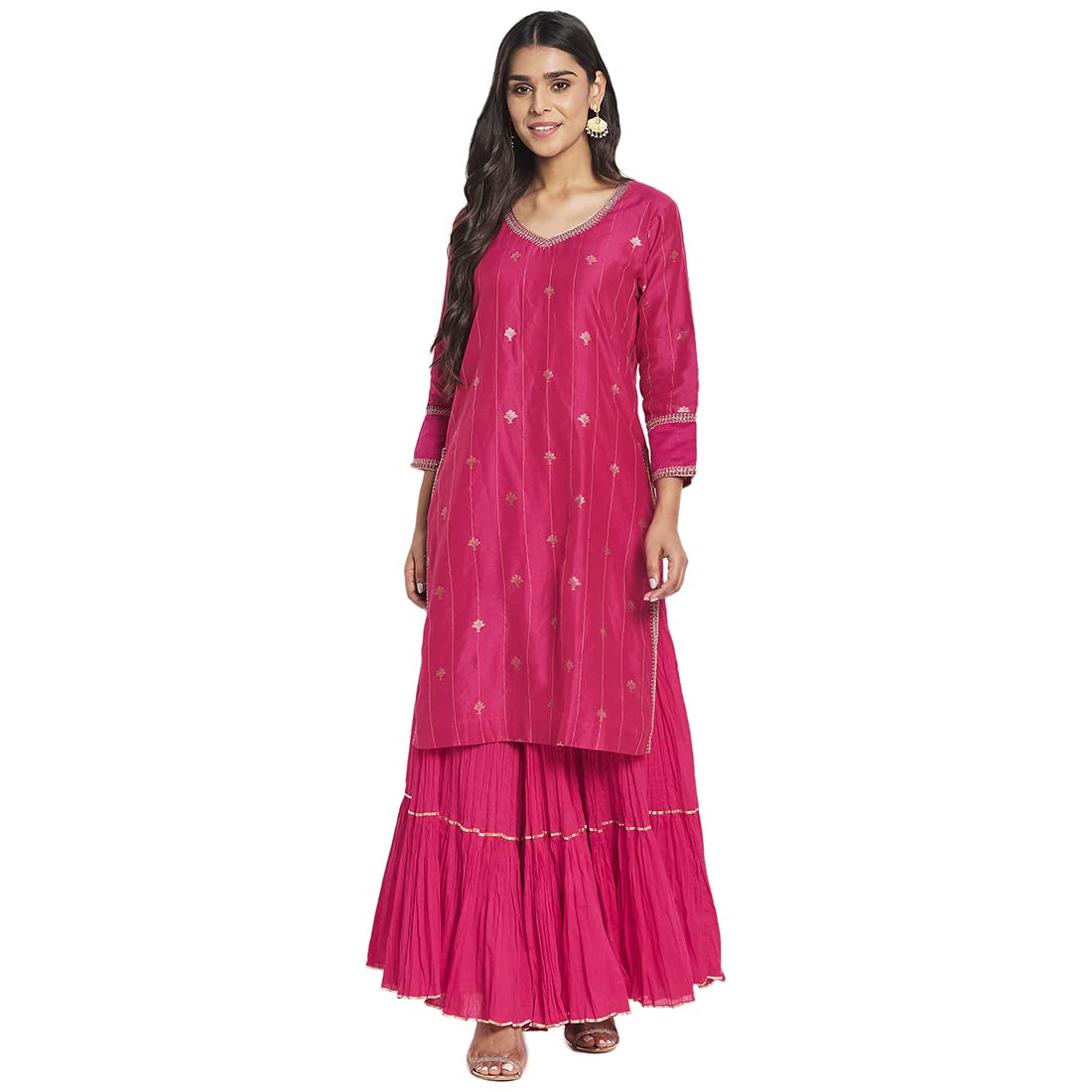 Fabindia Women Cotton Silk Blend Embroidered Slim Fit 2 Piece Kurtapink_S Magenta
