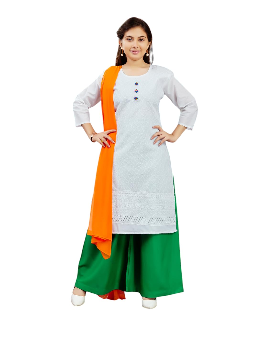 Aarika Girls Casual Wear White-Green Colour Embroidery Cotton Kurti Palazzo With Dupatta(7-15 Years)