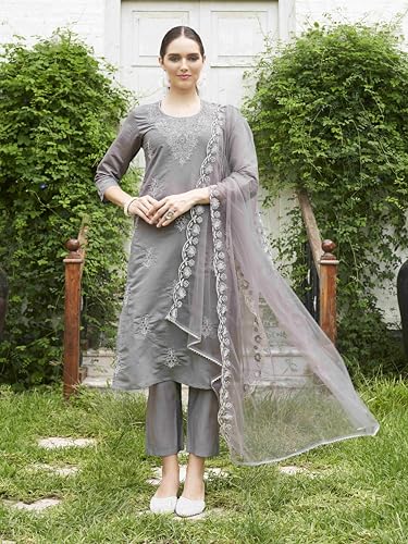 Womanista Women's Silk Blend Cording Embroidered Kurta Pant With Dupatta Set (Kurtaset_1309)
