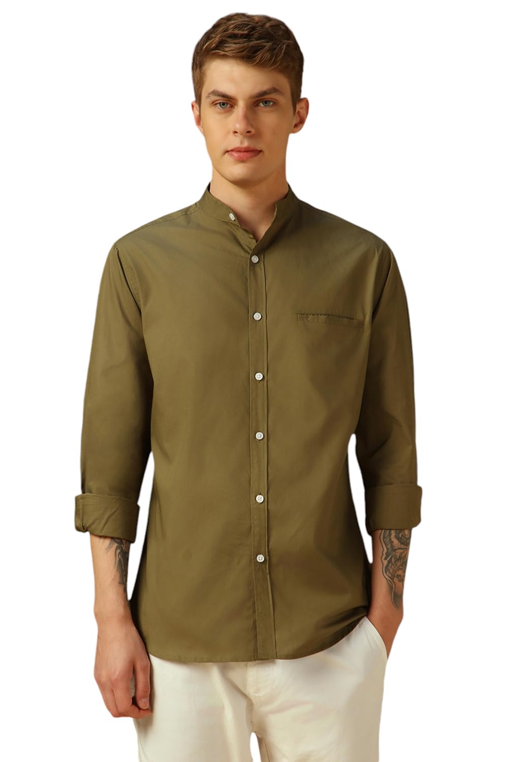 Dennis Lingo MenS Lt Olive Full Sleeve Mandarin Collar Solid Regular Fit Casual Shirt